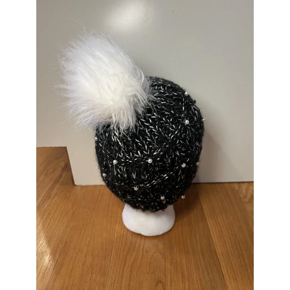 Betsey Johnson Hat Beanie Womens One Size Black Faux Fur Pom Pearl Metallic